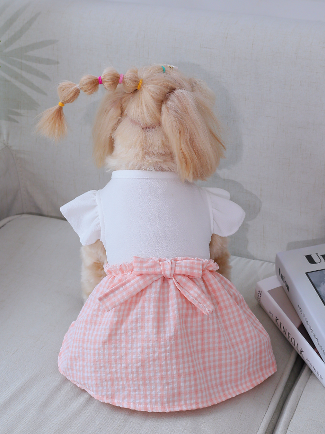 Pet dress-Flying sleeve plaid-pink-m-polyester-1 piece