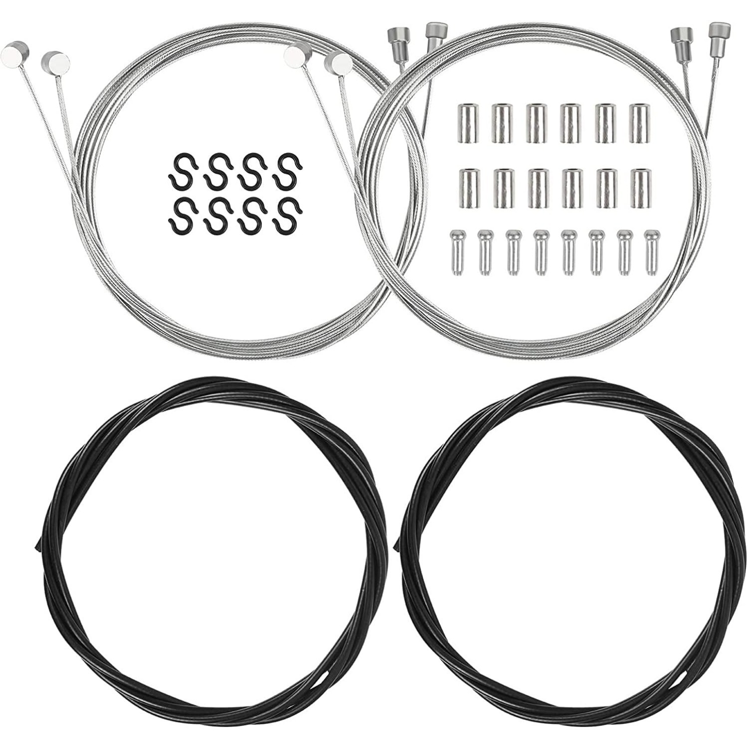 Bicycle Brake Cable Set: Bowden Cable, Shift Cable, 4 Brake Cables, 20 End Sleeves, End Caps, 8 S-Hooks, Internal Brake Cable For MTBs And Road Bikes