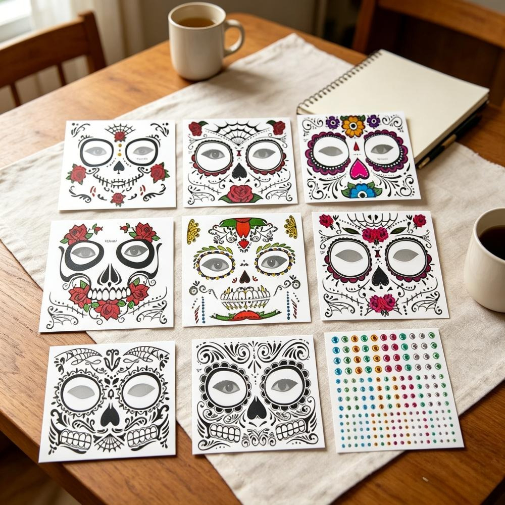 9-Piece Halloween Face Decoration Set With Rhinestones, Spooky Designs For Halloween Parties And Decorations