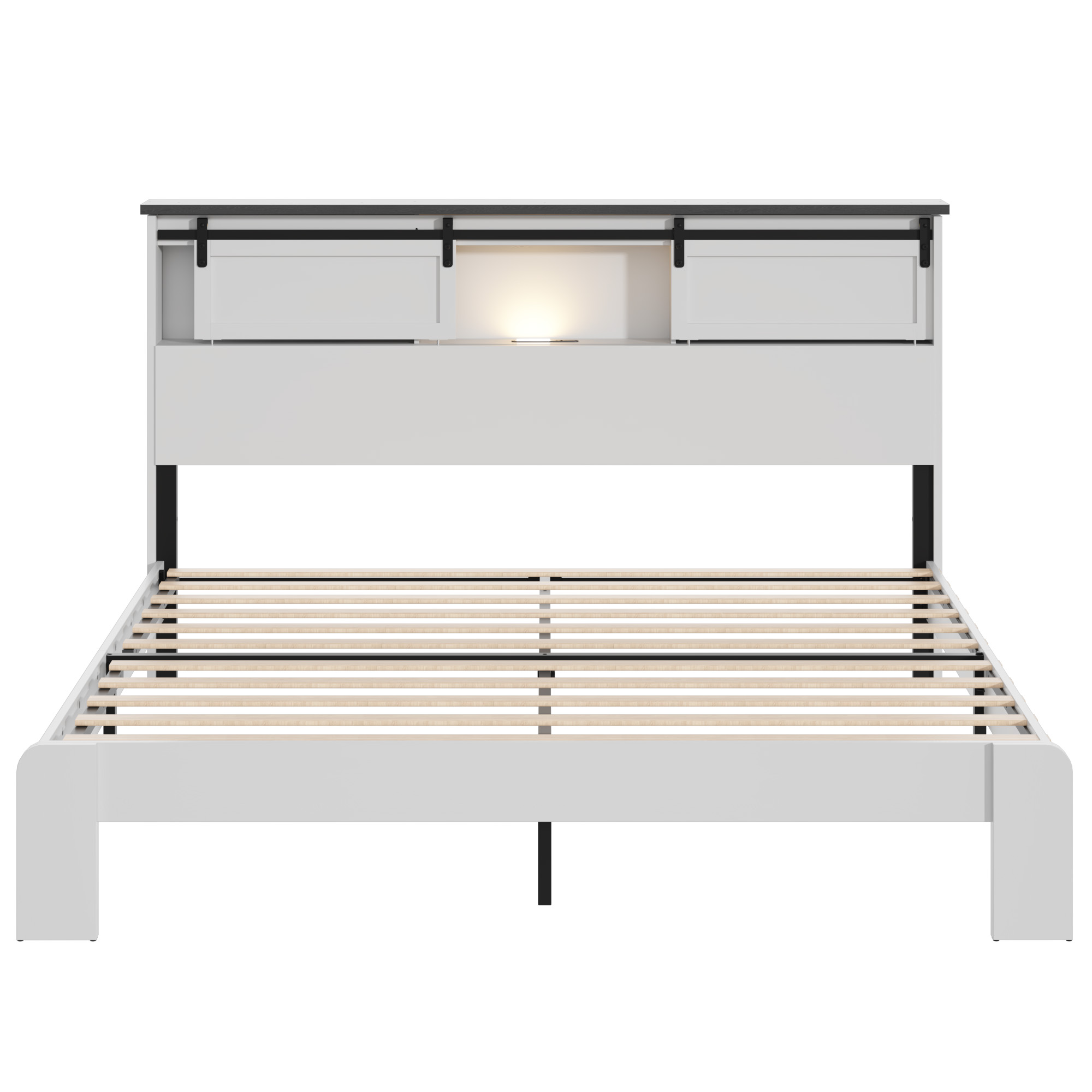 King Metal Bed Frame With Charging Station, No Box Spring, White