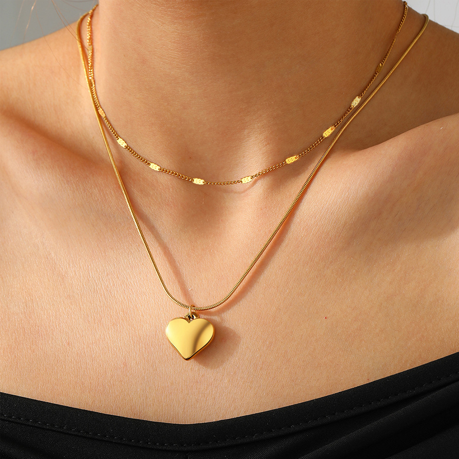 Women Double Layered Stacked Necklace Gold Tone 3D Puffy Heart Pendant Snake Chain Stainless Steel Dainty Collarbone Necklace Fashion Ladies Jewelry Gift