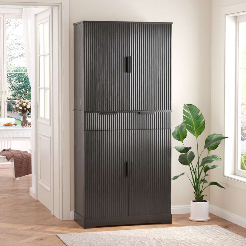 72in Black Fluted Pantry Cabinet W 3 Drawers & 6 Adjustable Shelves, Freestanding Storage Cupboard For Bathroom Dining Room Office Entryway