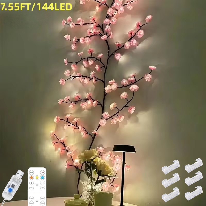 Cherry LED Tree Branch Lights For Wall, Cherry Blossom Willow Vine Twig Decor Garland With 144 LED Lights And Remote,8 Lighting Modes,Christmas Decorations Indoor For Home Wall Door Window