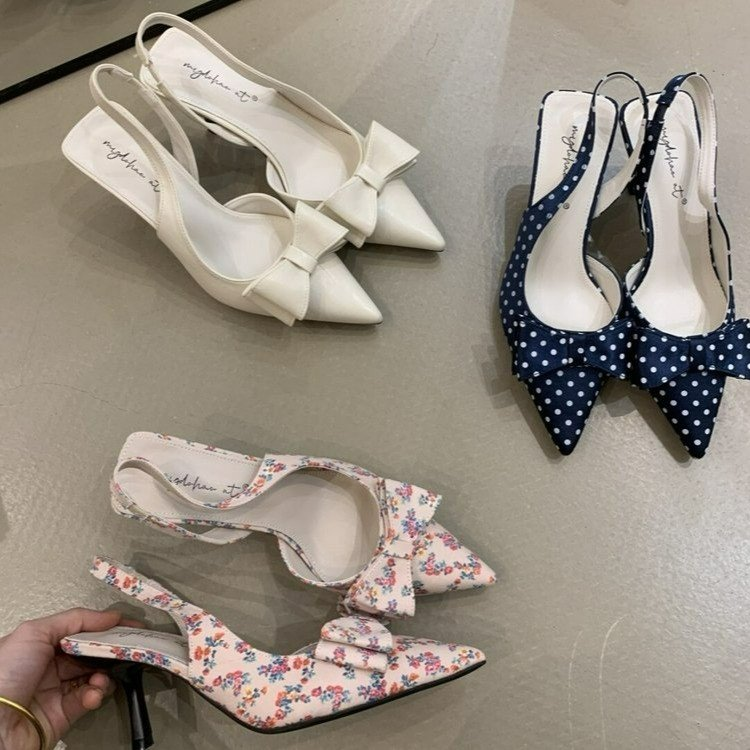 Women's High Heel Bow Closed Toe Sandals 2026 New French Style Elegant Pointed Toe Slingback Pumps For Women, Perfect For Dresses