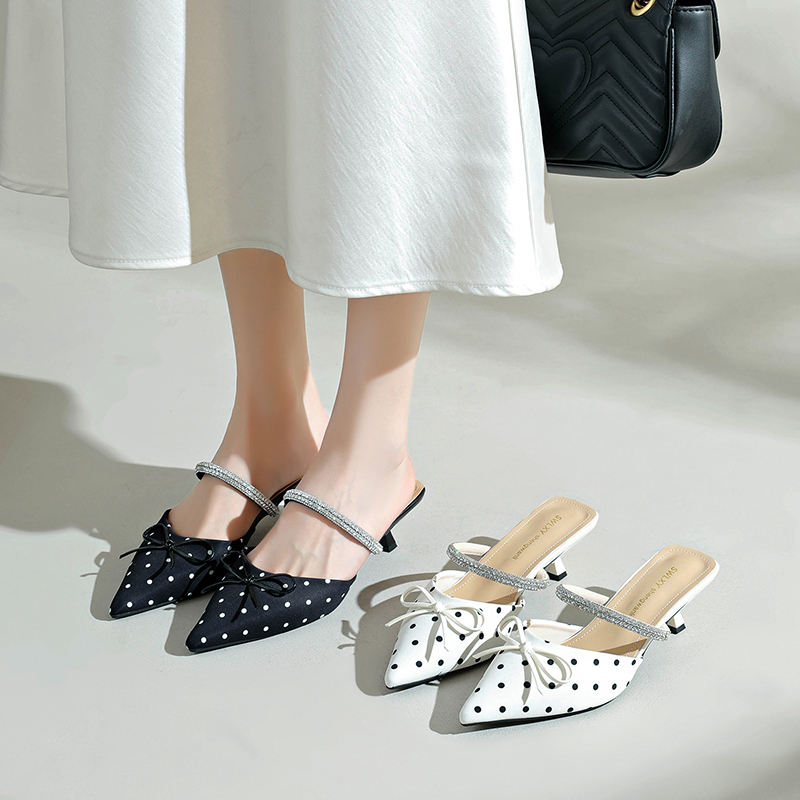 Women Romantic Vintage Polka Kitten Heels, Pointed Toe Single Full Crystal Rhinestone Thin Strap Mini Fabric Bow Backless Slip