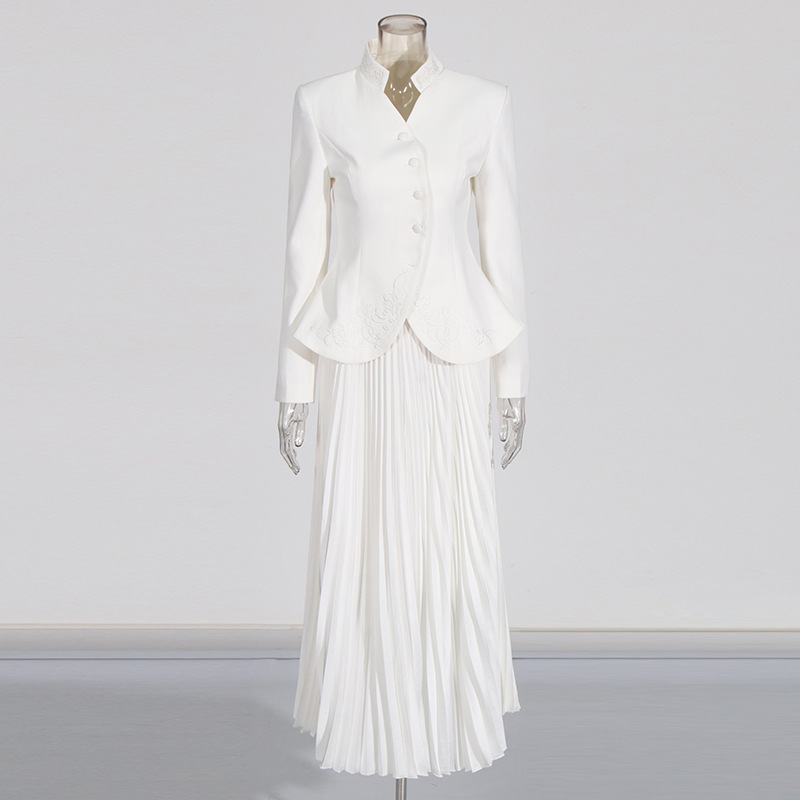 Embroidery Stand Collar Fitted Waist Blazer & Full Pleated Midi Skirt Two-Piece Elegant Suit Set