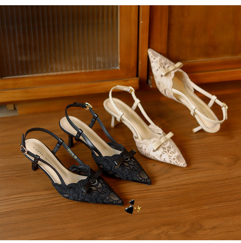 Women French Vintage Floral Lace Bow Slingback Stiletto Heels, Pointed Toe Hollow Mesh Backless Thin High Heel Elegant Wedding Party Dress Mule Pumps