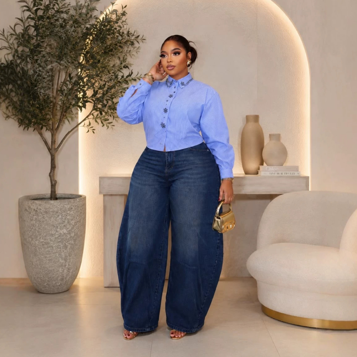 Silver Vertical Stripe Rhinestone Decor Asymmetric Cropped Shirt
