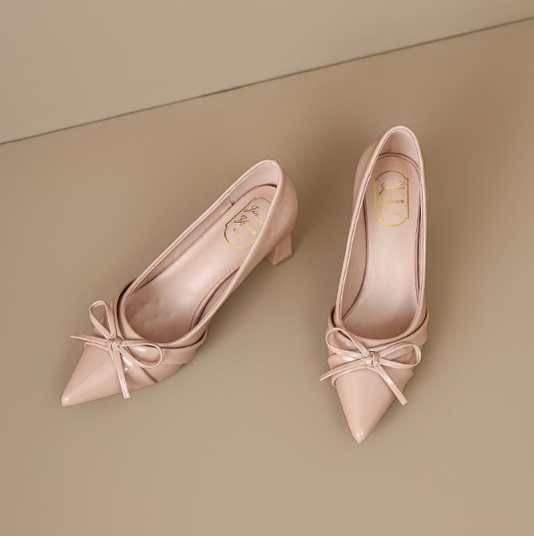 Pointed Toe Patent Leather French Bow High Heels For Women, New Spring Elegant Commuter Block Heel Shallow Mouth Fashion Pumps