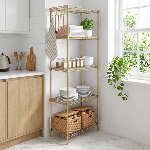 5-layer Display Rack With Adjustable Layer Spacing, Plug-in Deformable Structure, Adjustable Feet, Made Of Iron, 54x29x150cm, Powder-coated High-gloss Gold Finish
