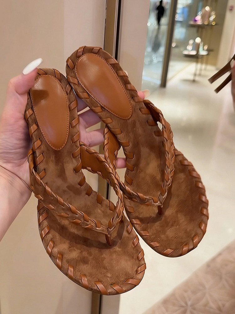 French Woven Flip Flops With Toe Clips, Women's Summer New Style Retro Casual High Heels, Wearing Roman Sandals On The Outside