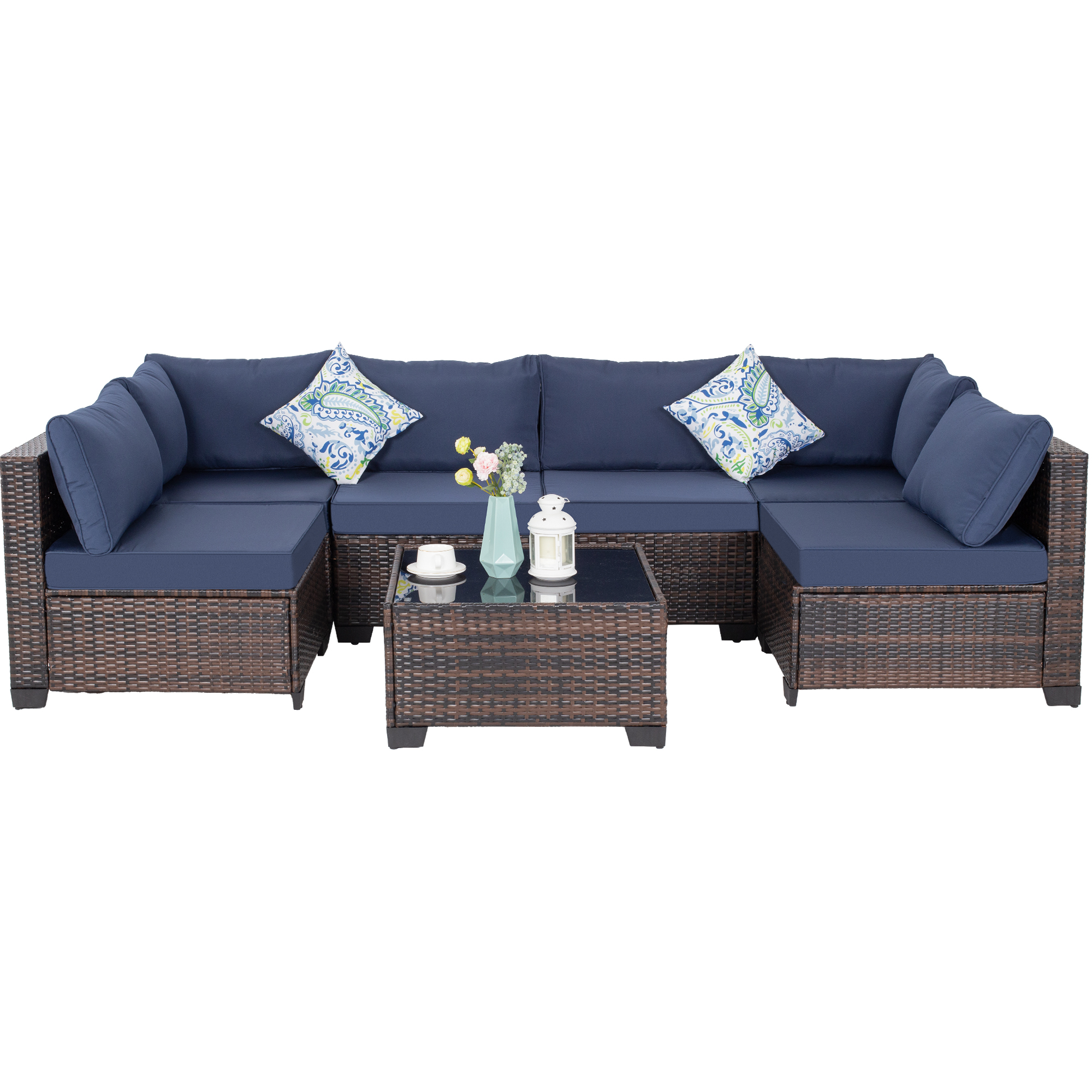 7-Piece Outdoor Patio Furniture Set, All-Weather Wicker Rattan Sectional Sofa With Thick Cushions & Glass Table, Modular Patio Conversation Furniture For Backyard, Poolside & Garden -Brown-Blue