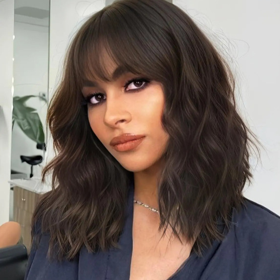 New European & American Style Women Wig, Medium Length Wavy Curly Hair With Bangs, Synthetic Wig, Factory Wholesale Dropshipping