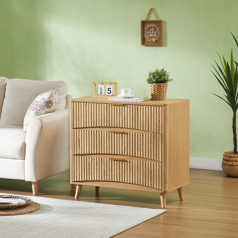 Fluted 3-Drawer Dresser, Mid-Century Modern Tall Chest W Vertical Grooved Design, Solid Wood Storage Cabinet W Metal Handles For Bedroom Living Room,Oak