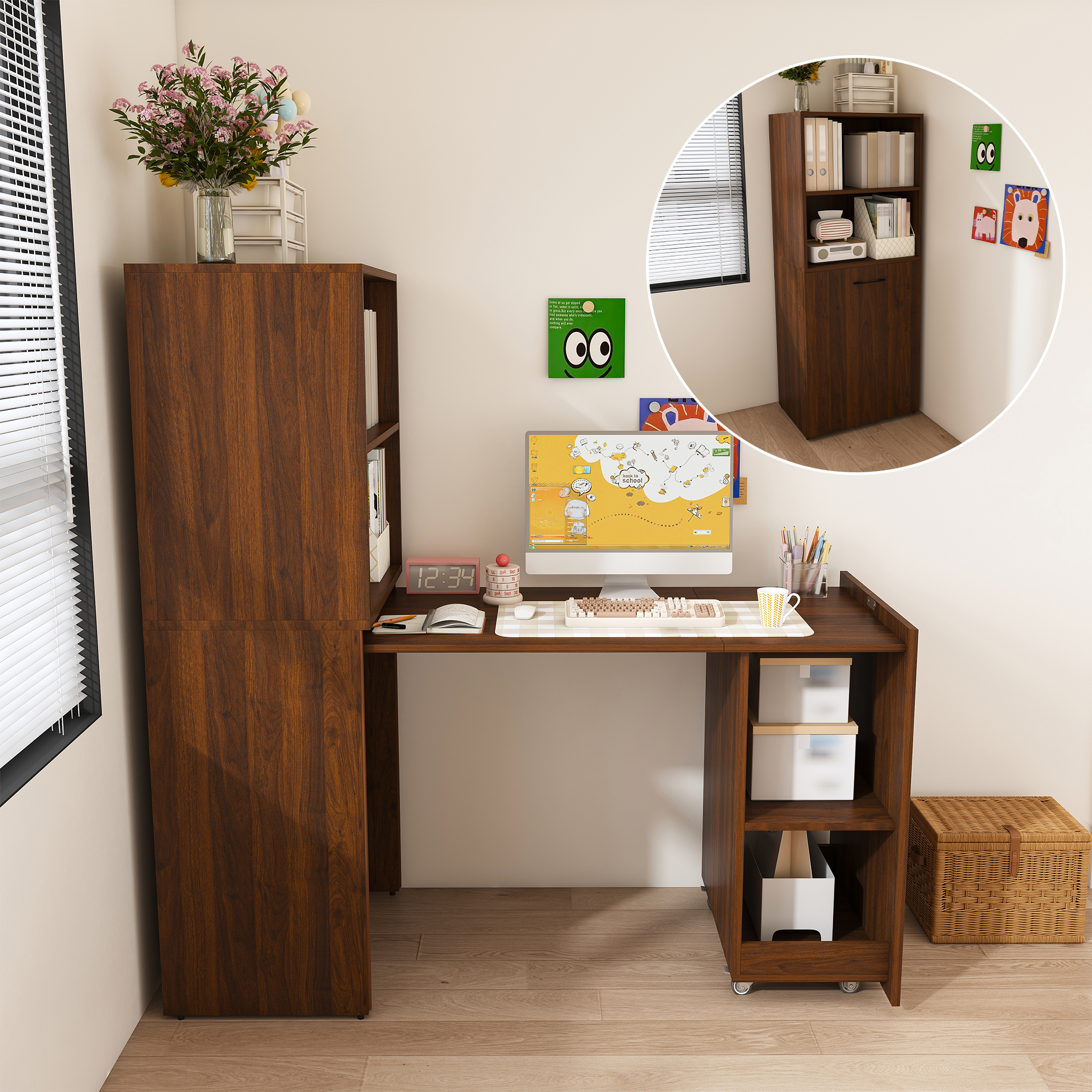 Stretchable desk, office desk with storage shelves and mobile wheels, foldable desk suitable for small apartments and offices,walnut