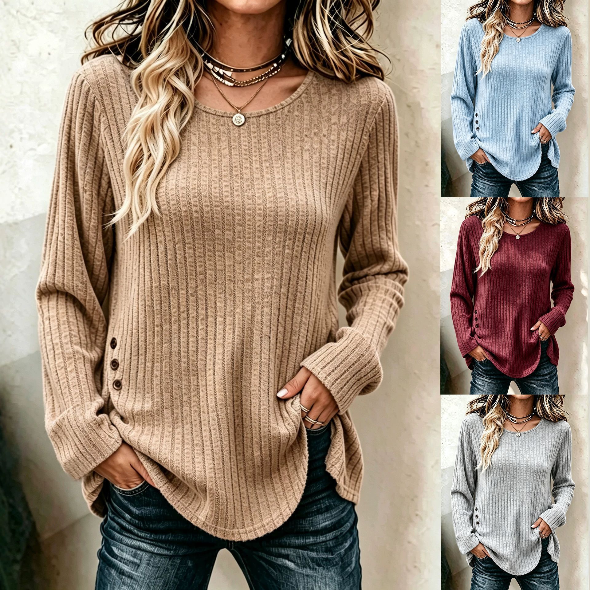 Womens Fashion Round-Neck Plus-Size Long-Sleeve T-Shirt