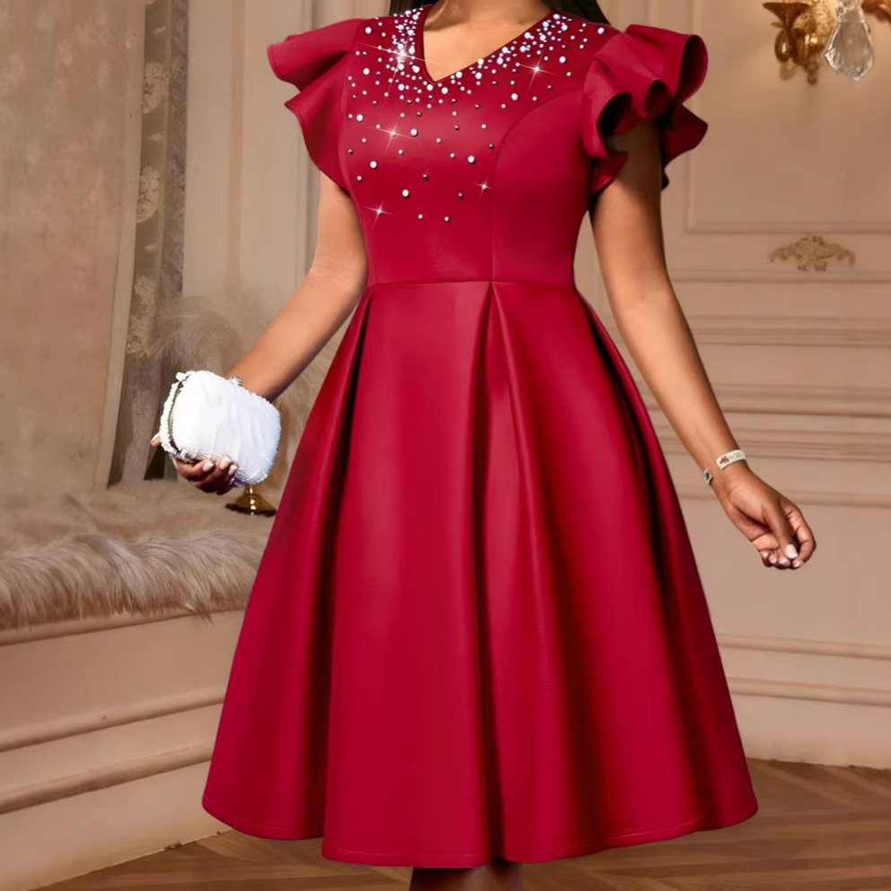 A-line V-neck Elegant Officewear Ruffled Hem Evening Dress
