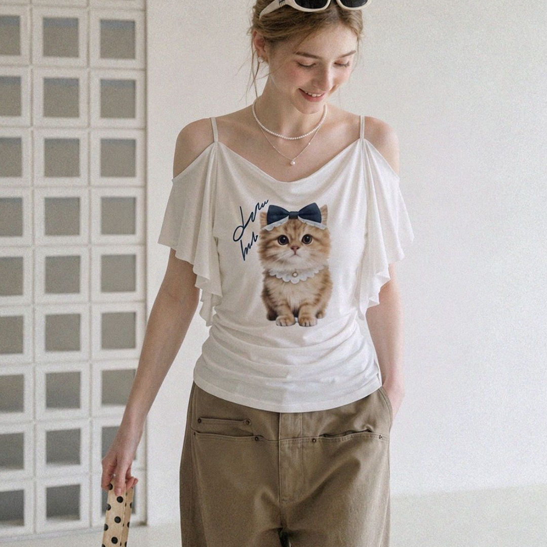 Off-Shoulder Cat-Print Short-Sleeve T-Shirt For Women