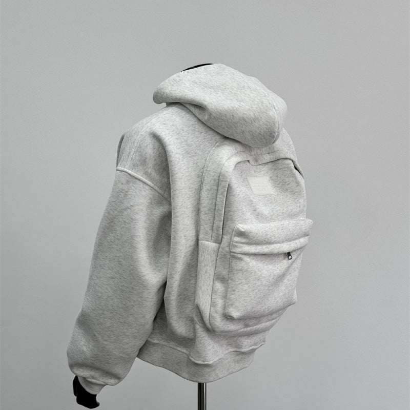 Men’s Backpack Hoodie Coat – Light Gray & Black, Backpack-Inspired Design